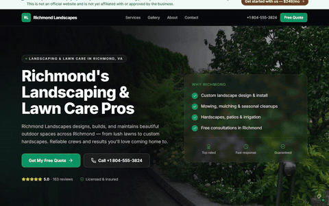 Sample landscaping website scrolling through its homepage