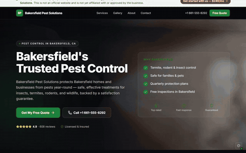Sample pest control website scrolling through its homepage