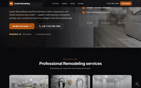 Sample remodeling website scrolling through its homepage