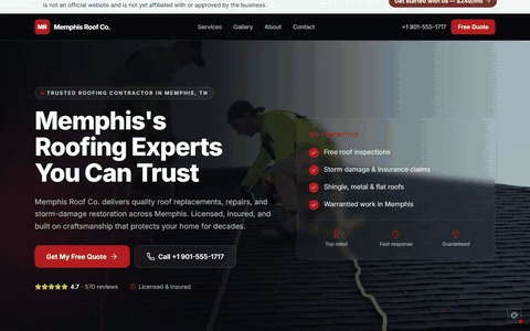 Sample roofing website scrolling through its homepage