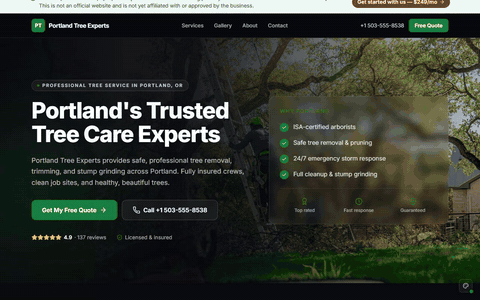 Sample tree service website scrolling through its homepage