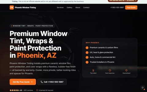 Sample window tint website scrolling through its homepage