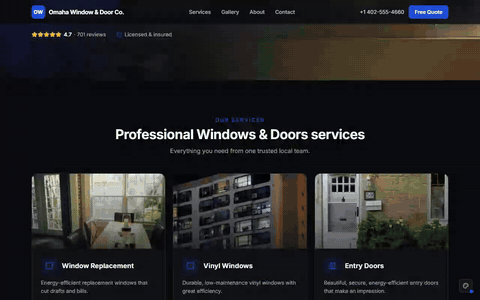 Sample window & door website scrolling through its homepage